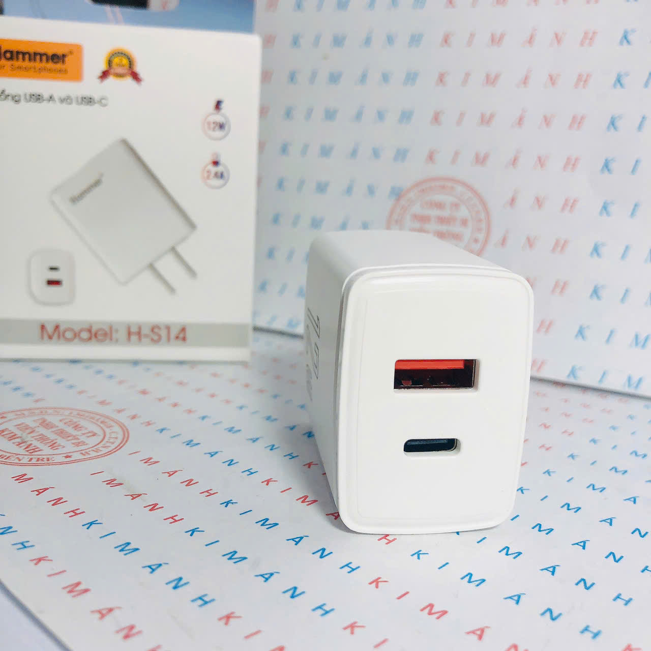 Củ sạc Hammer H-S14, 2.4A công suất 12W có 2 cổng (Type C và cổng USB), Check Qr hàng chính hãng