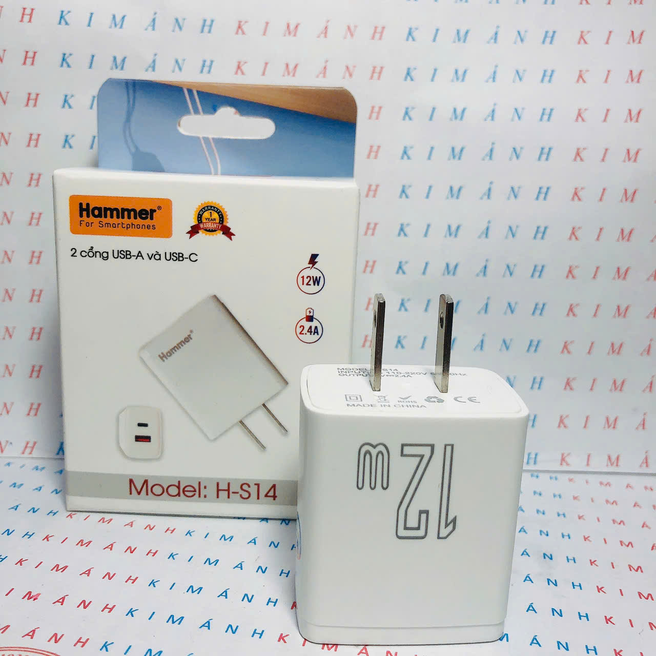Củ sạc Hammer H-S14, 2.4A công suất 12W có 2 cổng (Type C và cổng USB), Check Qr hàng chính hãng