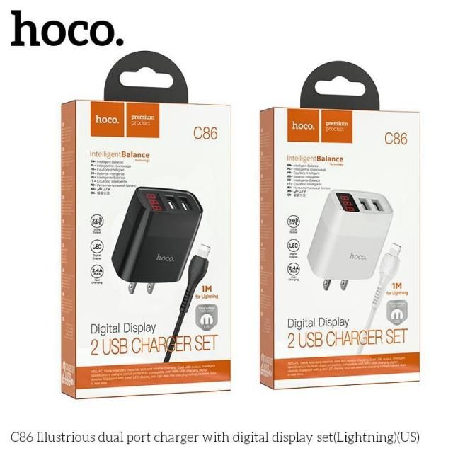 Ip- Bộ Sạc Nhanh Hoco C86 - 2,4A cổng Linghtning, có đèn Led hiển thị Ampe, Sạc cùng lúc 2 thiết bị, Hàng chính hãng