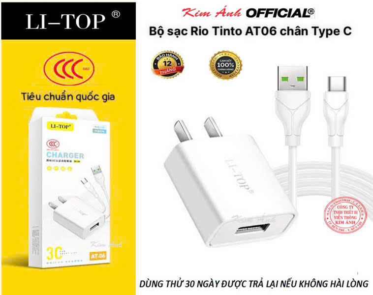 Bộ sạc LI-TOP Rio Tinto AT06 5V- 2A chân Type C, đạt chứng nhận 3C tiêu chuẩn quốc gia, bảo hành chính hãng 12 tháng