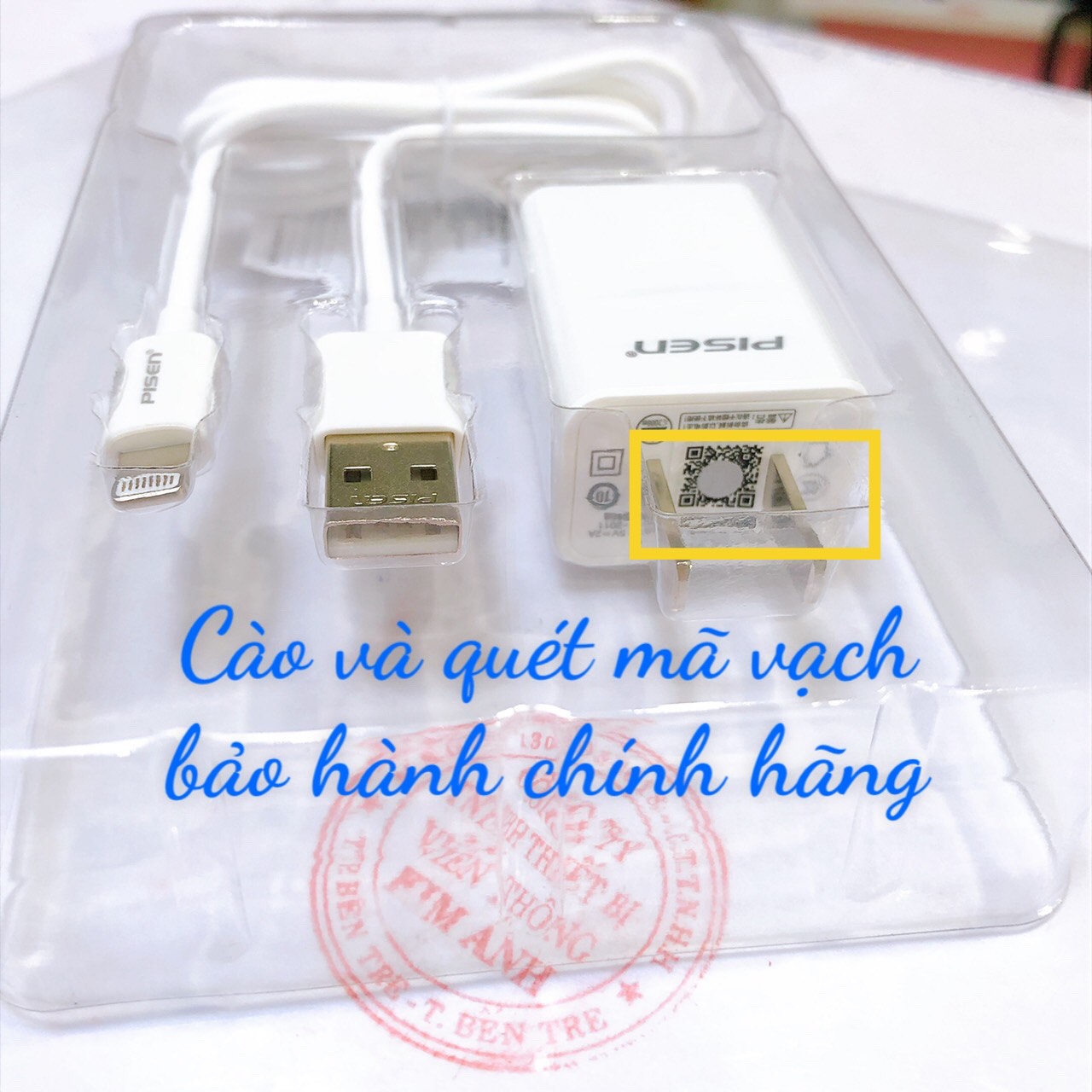 Sạc Pisen USB Charger 2A, kèm cáp sạc điện thoại quả táo (TS-C132) Trắng, Hàng chính hãng