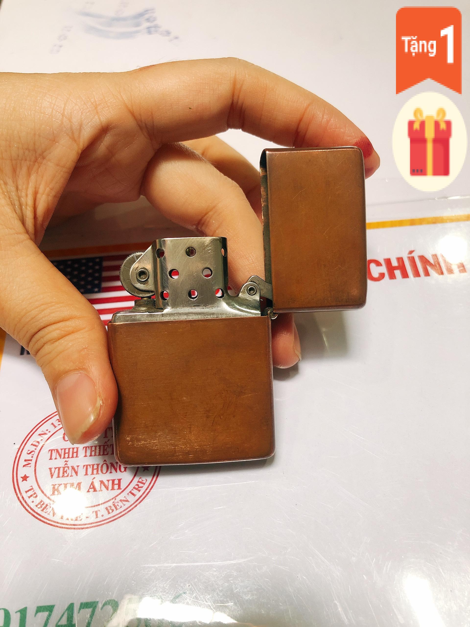 Bật lửa Zippo Mỹ Vintage mạ Copper, đầu bằng, đít bằng, khắc ăn mòn Zippo 1932, Hàng chính hãng
