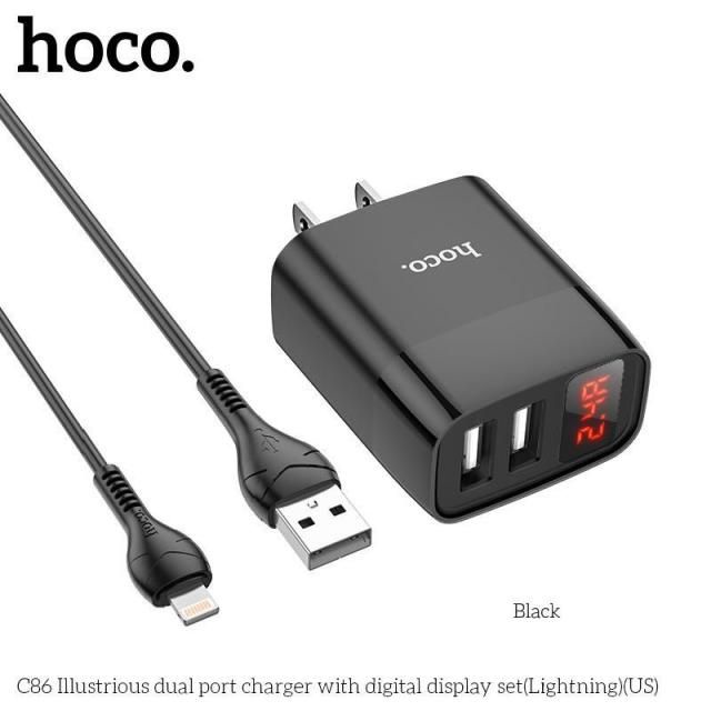 TypeC - Bộ Sạc Nhanh Hoco C86 - 2,4A cổng TypeC , có đèn Led hiển thị Ampe, Sạc cùng lúc 2 thiết bị, Hàng chính hãng
