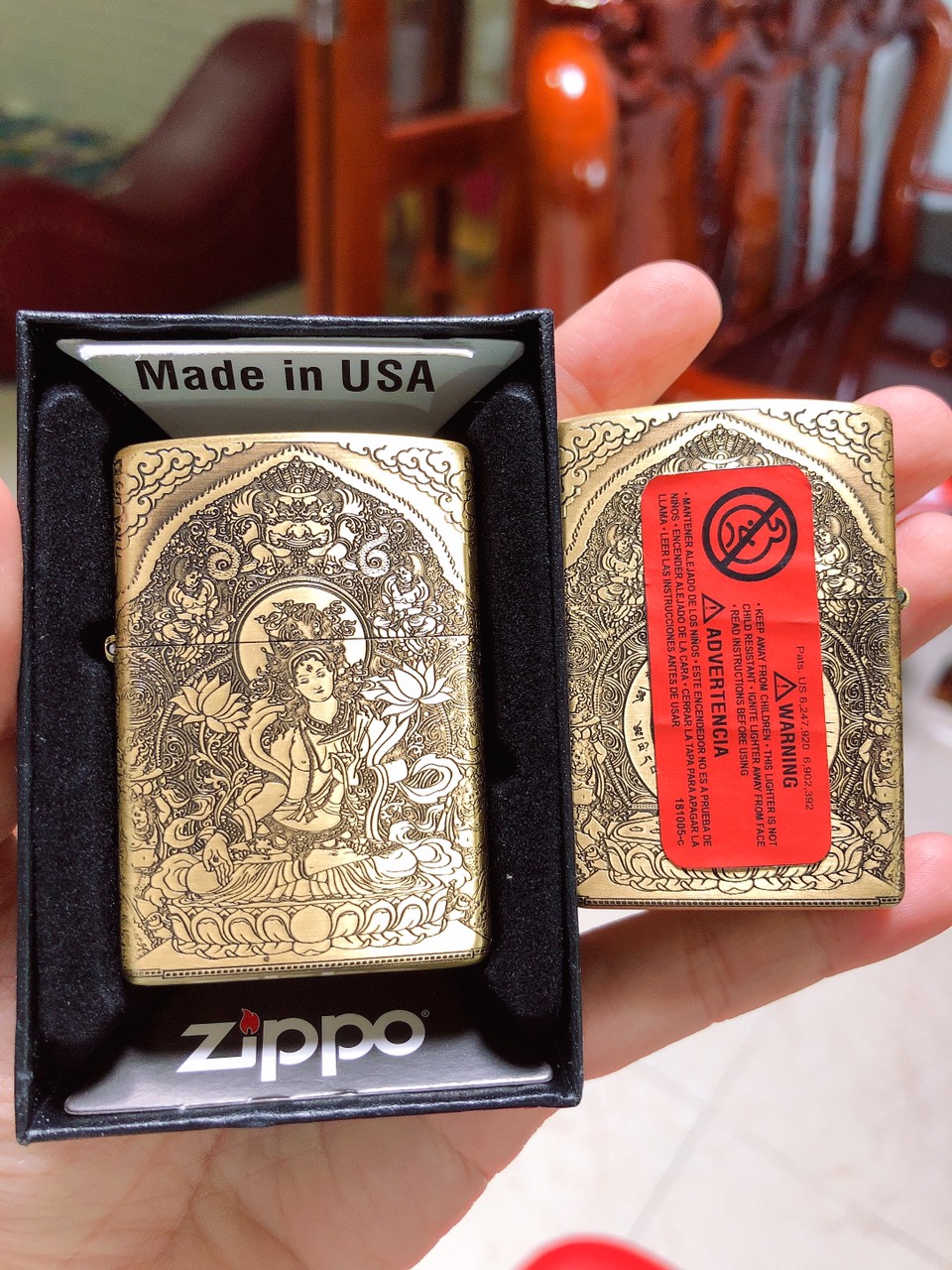 BẬT LỬA, HỘP QUẸT ZIPPO KHẮC ĂN MÒN HÌNH PHẬT BÀ, CÓ TEM ĐỎ