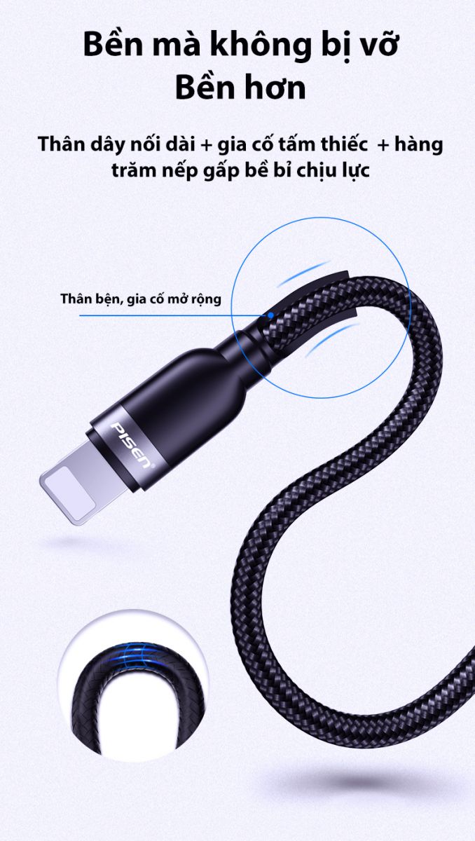 Dây sạc nhanh Pisen Quick USB-C to L, 3A Braided  1000mm (XD-CLPD05-1000), Hàng chính hãng