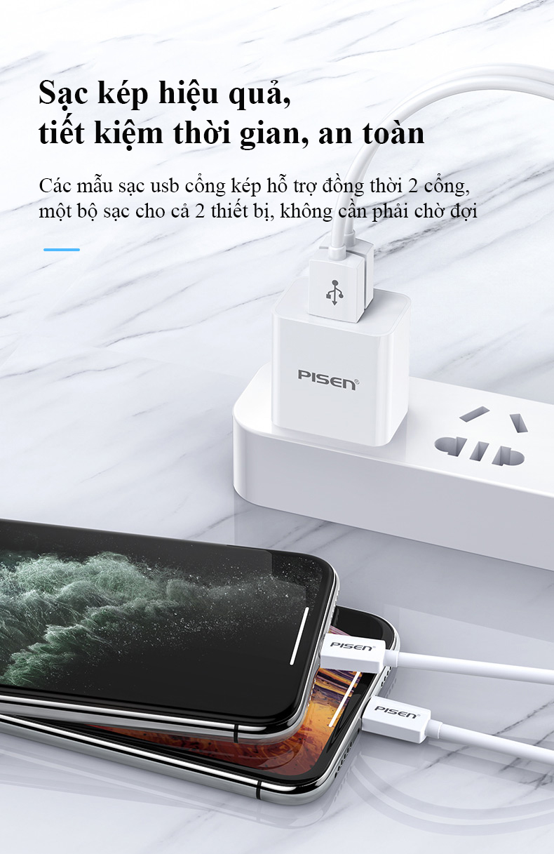 Củ sạc Pisen K12-23, 2 cổng USB dùng sạc điện thoại / máy tính bảng, Hàng chính hãng nội địa, có chứng nhận tiêu chuẩn