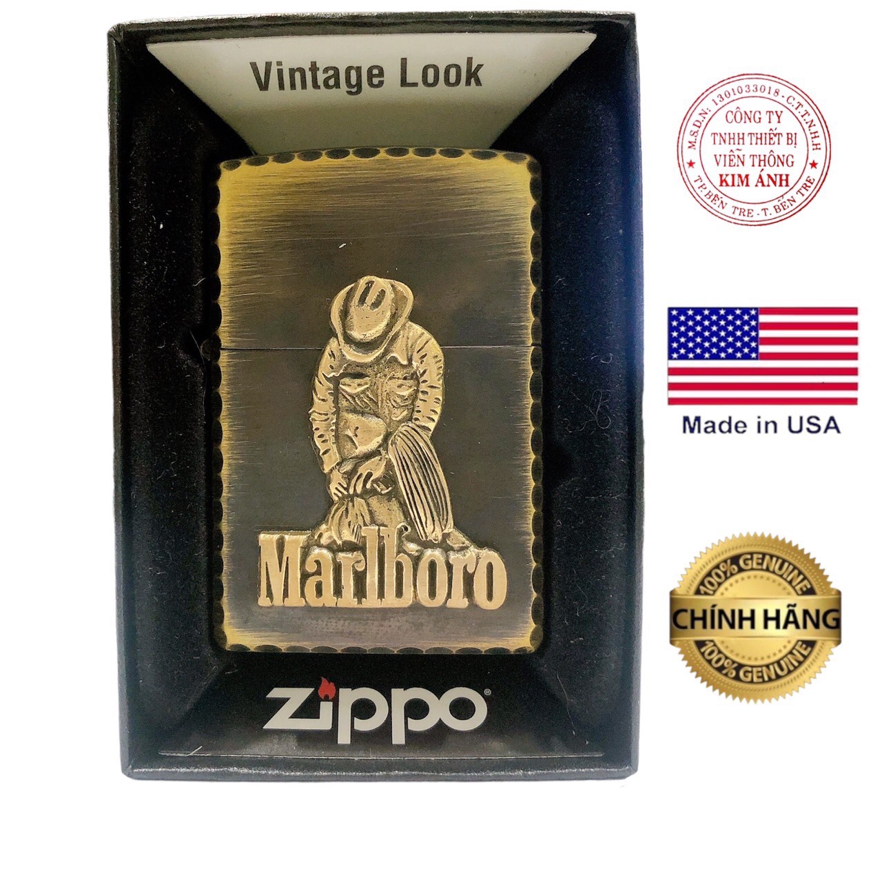 Bật lửa Zippo Mỹ gõ búa viền cạnh, eblem Marlboro, chất liệu đồng nguyên chất, Hàng chính hãng