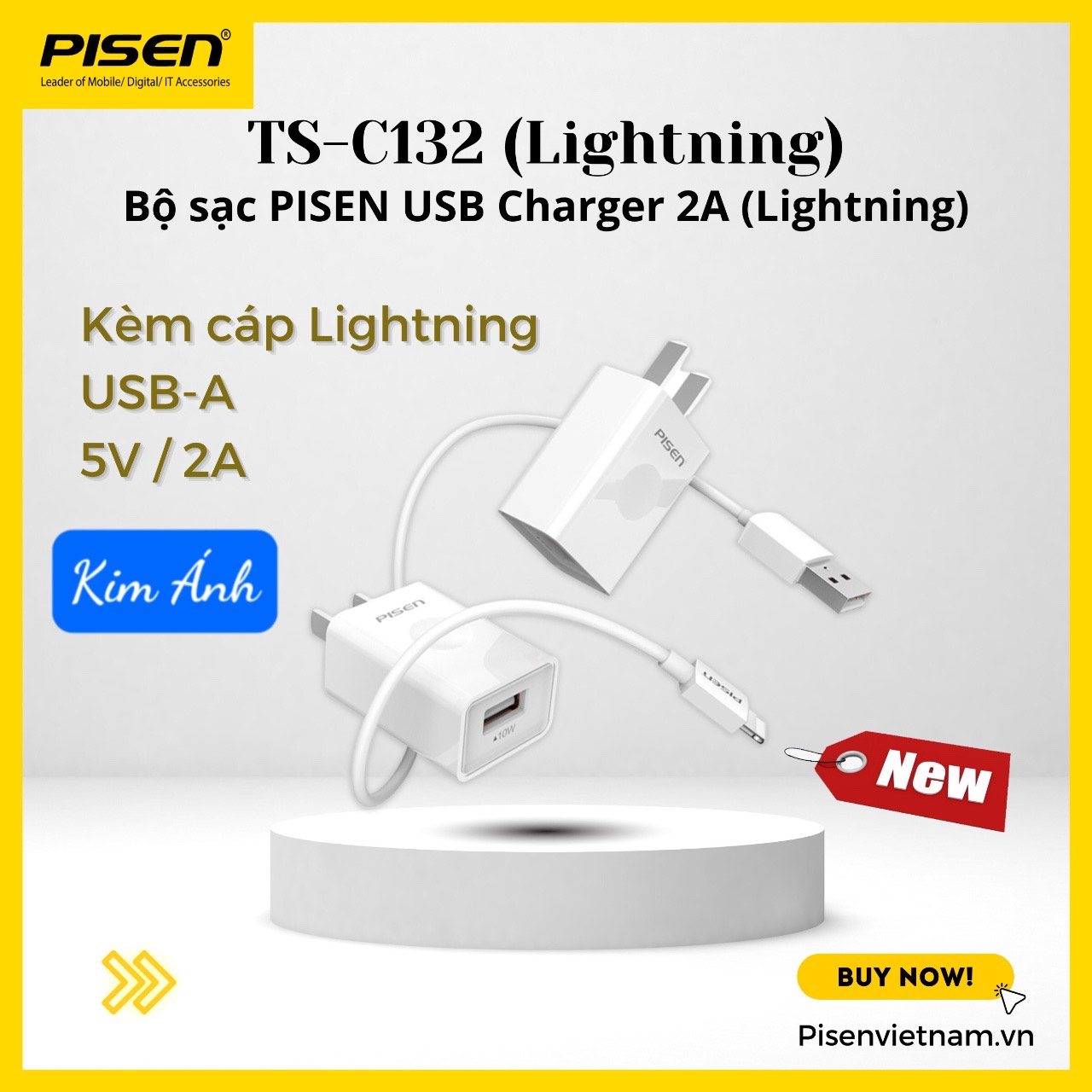 Sạc Pisen USB Charger 2A, kèm cáp sạc điện thoại quả táo (TS-C132) Trắng, Hàng chính hãng