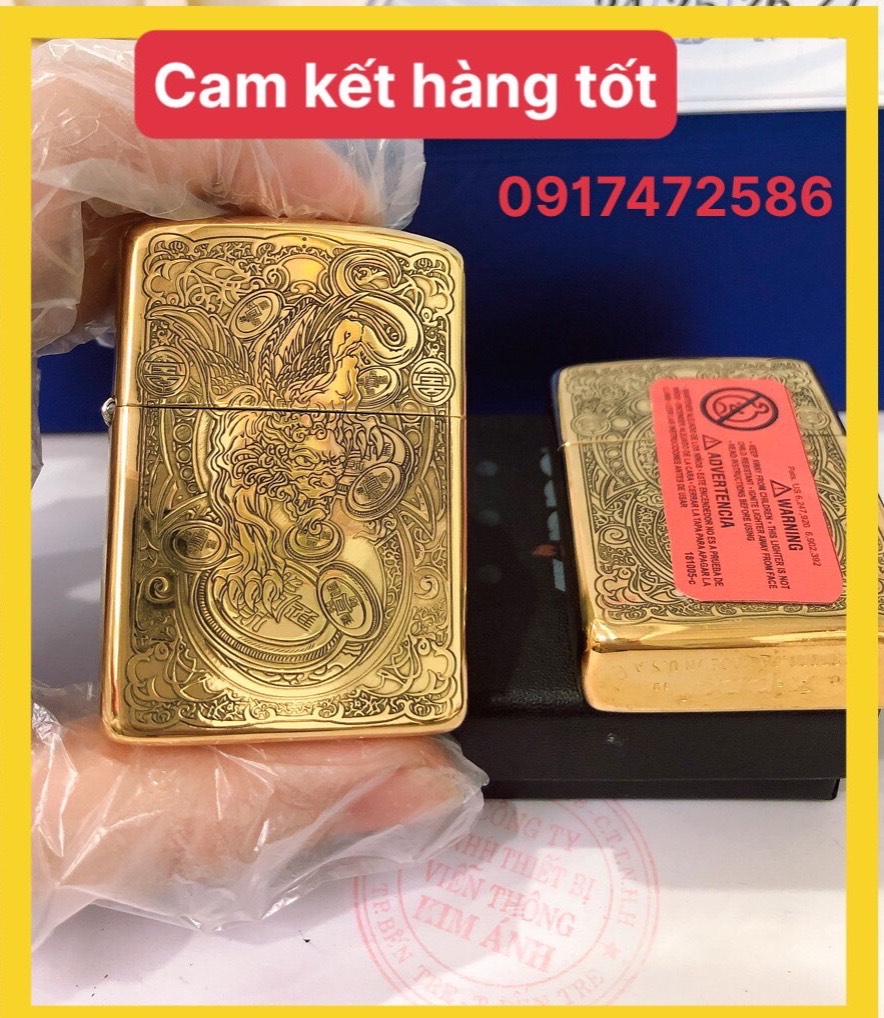 Bật lửa Zippo Armor vỏ dầy mẫu Tỳ Hưu Khắc Chìm 5 Mặt  Màu Vàng -  Vỏ đồng - Có Tem đỏ
