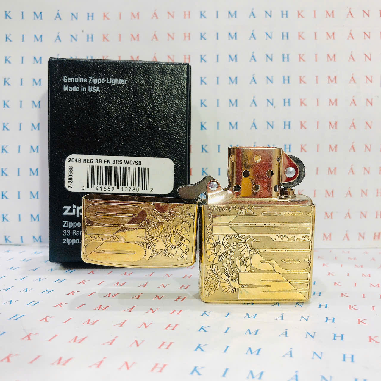 Bật lửa Zippo Brass MỸ mã 204B khắc laser năm mặt Hoa Marlboro, Hàng chính hãng có giấy nhập khẩu
