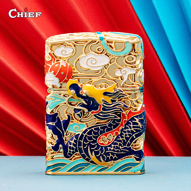 Bật lửa, hộp quẹt Chief đồng nguyên chất chủ đề Rồng Phun Châu, hàng chính hãng bằng đồng