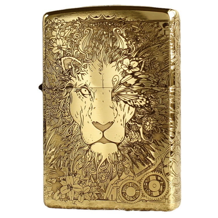 BẬT LỬA ZIPPO AMORR VỎ DÀY KHẮC ĂN MÒN 5 MẶT SƯ TỬ MẮT HOA MÀU VÀNG- VỎ ĐỒNG CÓ TEM ĐỎ