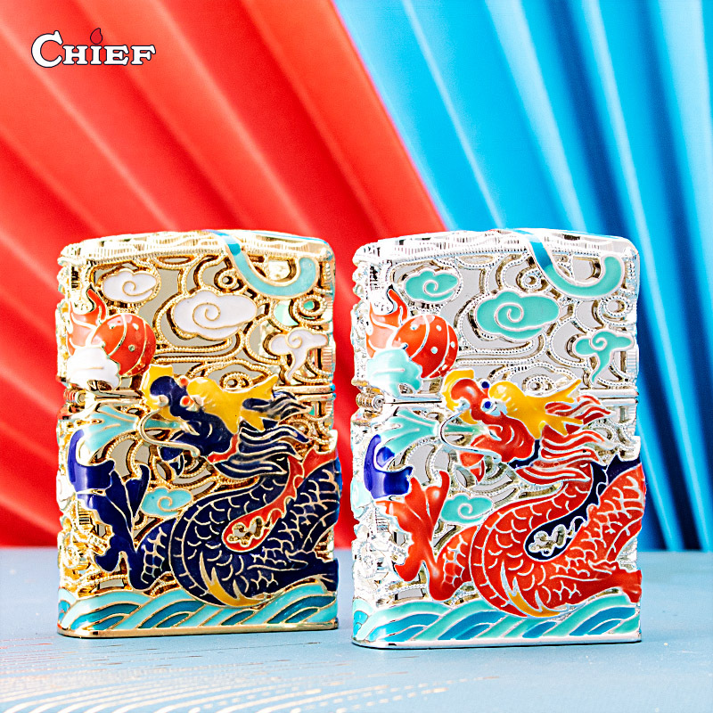 Bật lửa, hộp quẹt Chief đồng nguyên chất chủ đề Rồng Phun Châu, hàng chính hãng bằng đồng