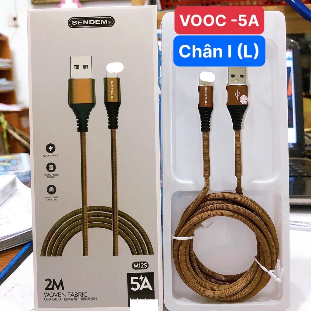 2 mét - Dây sạc nhanh 5A VOOC SENDEM M12S chân cắm iPHONE, dây dù dài 2 mét - Hàng chính hãng
