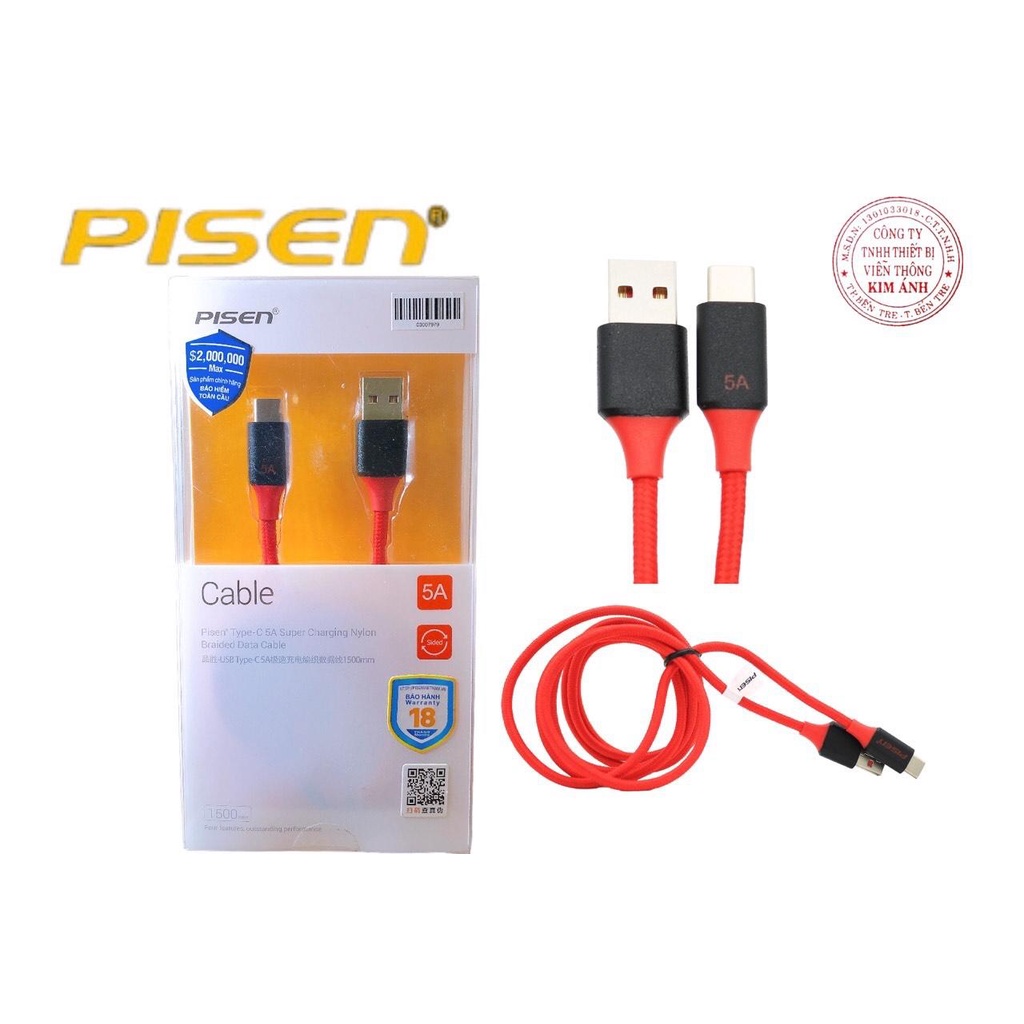 Dây sạc nhanh Pisen quick super charge Type-C 5A ( 40W ) braided 1000mm ( TC11-1000), dây dù chống rối, hàng chính hãn