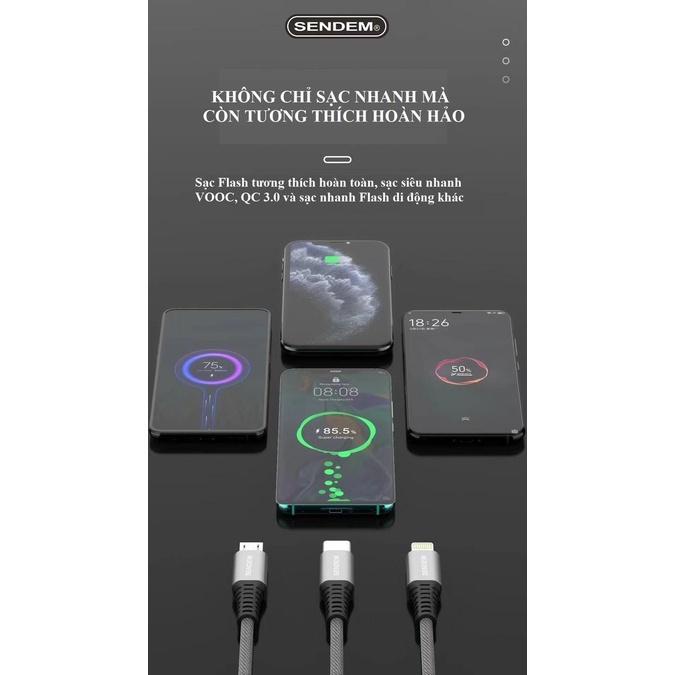 2 mét - Dây sạc nhanh 5A VOOC SENDEM M12S chân cắm iPHONE, dây dù dài 2 mét - Hàng chính hãng
