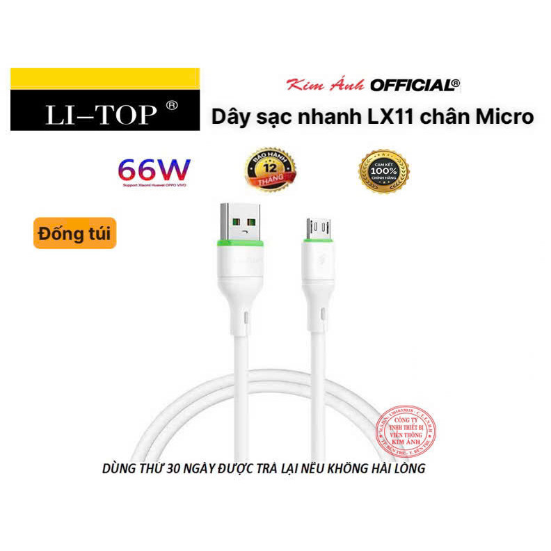 Dây sạc nhanh LI-TOP LX11 chân MIcro (Túi) công suất 66W, Kim Ánh cho dùng thử 30 ngày, bảo hành 12 tháng