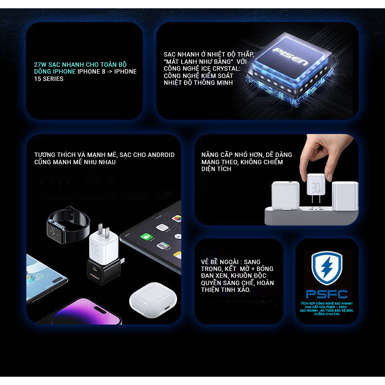 Bộ sạc Gallium Nitride 30W (TS-C175) Pisen Quick-Mr White Tiny kèm cáp Type C ra IOS, Hàng chính hãng nội địa