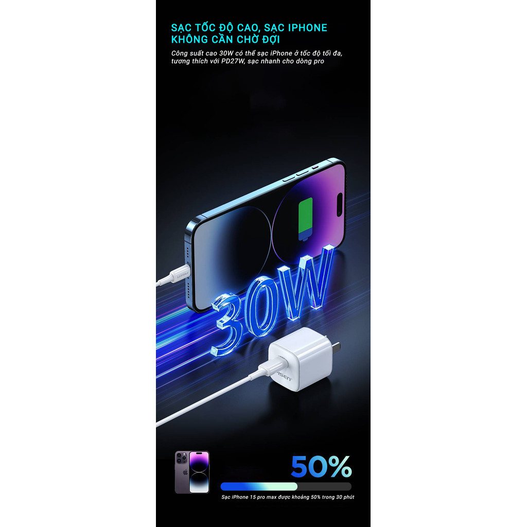 Bộ sạc Gallium Nitride 30W (TS-C175) Pisen Quick-Mr White Tiny kèm cáp Type C ra IOS, Hàng chính hãng nội địa