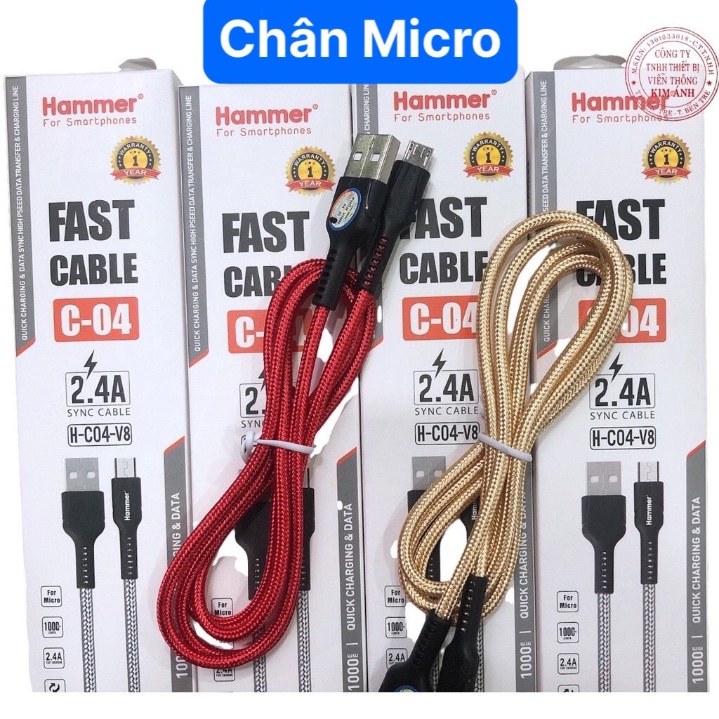 Dây sạc nhanh Hammer C04 chân cắm Micro dòng điện 5v-2.4A, dây dù sạc nhanh chính hãng,check Qr