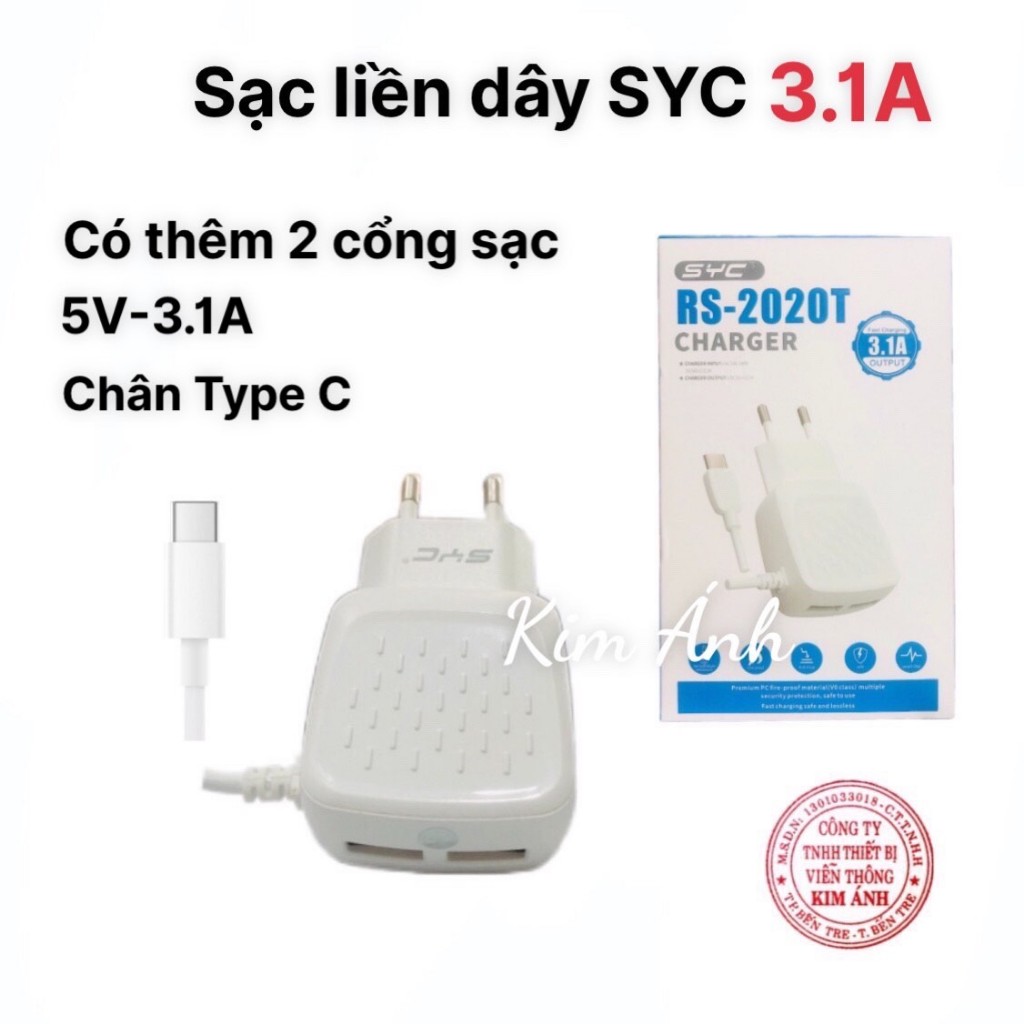 Sạc liền dây SYC có thêm 2 Cổng USB ( RS-2020T ) công suất 3.1A, liền dây chân cắm Type C, hàng nhập khẩu