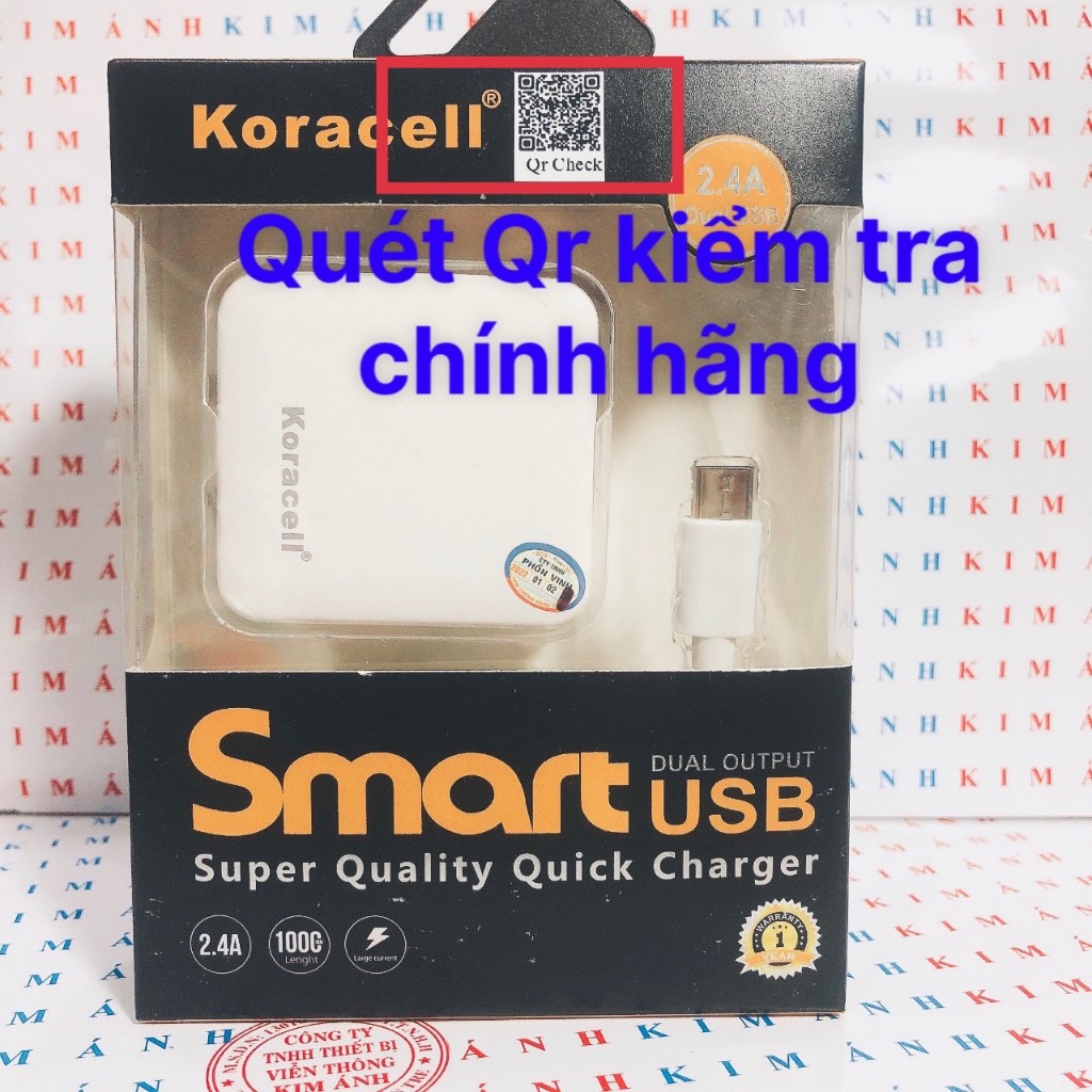 Bộ Sạc nhanh Koracell 2.4A chân L (2 cổng USB), check Qr kiểm tra hàng chính hãng, bảo hành 12 tháng