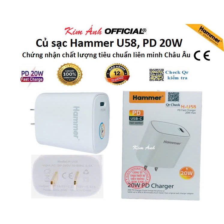 Bộ củ và cáp sạc nhanh Hammer công suất chuẩn PD 20W chân cắm Linghtning, tiêu chuẩn Nhật PSE, Hàng chính hãng bảo hành 1 năm