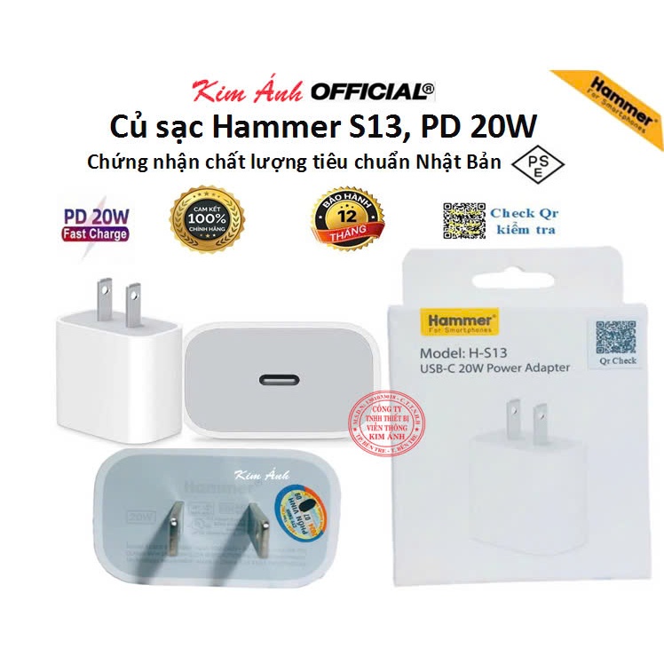 Bộ củ và cáp sạc nhanh Hammer công suất chuẩn PD 20W chân cắm Linghtning, tiêu chuẩn Nhật PSE, Hàng chính hãng bảo hành 1 năm