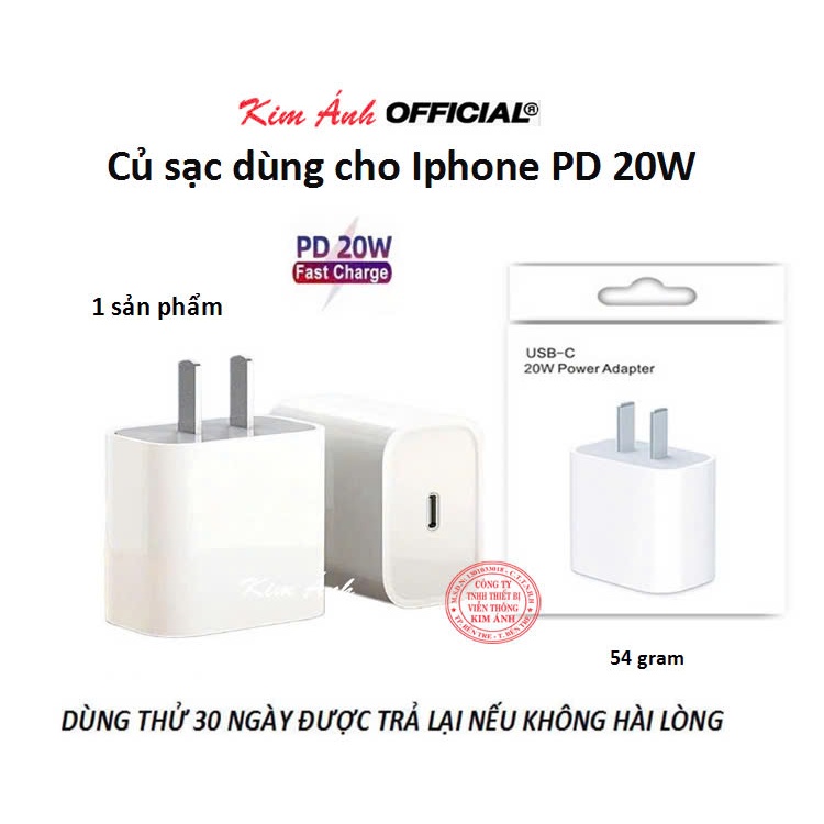 Củ sạc nhanh PD 20W dùng cho Iphone, chân đồng, chống cháy, nặng 54gram, bảo hành 12 tháng, được dùng thử 30 ngày