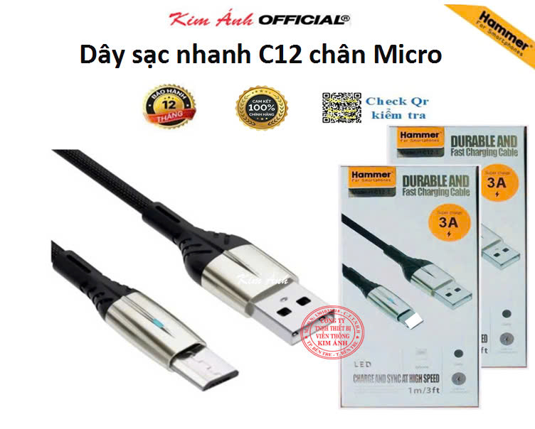 V8- Dây sạc nhanh 3A Hiệu Hammer ( H-C12-M ), Chân Micro/ V8, Có đèn báo, Hàng Chính Hãng bảo hành 12 tháng