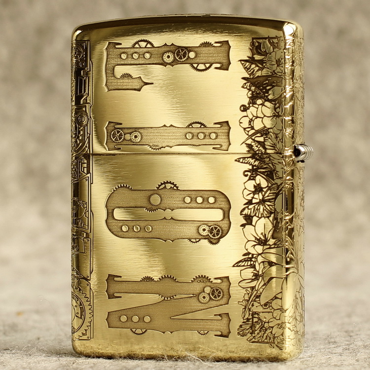 BẬT LỬA ZIPPO AMORR VỎ DÀY KHẮC ĂN MÒN 5 MẶT SƯ TỬ MẮT HOA MÀU VÀNG- VỎ ĐỒNG CÓ TEM ĐỎ