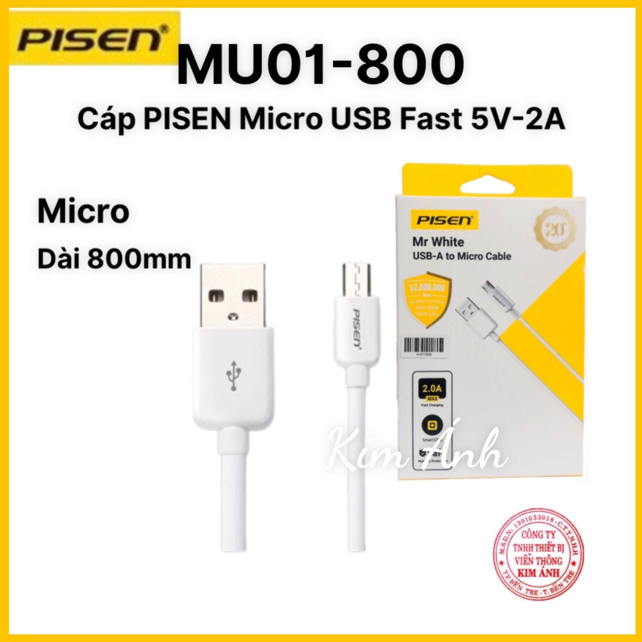 Cáp Pisen Micro USB 2A 800mm  (MU01-800)- Hàng chính hãng