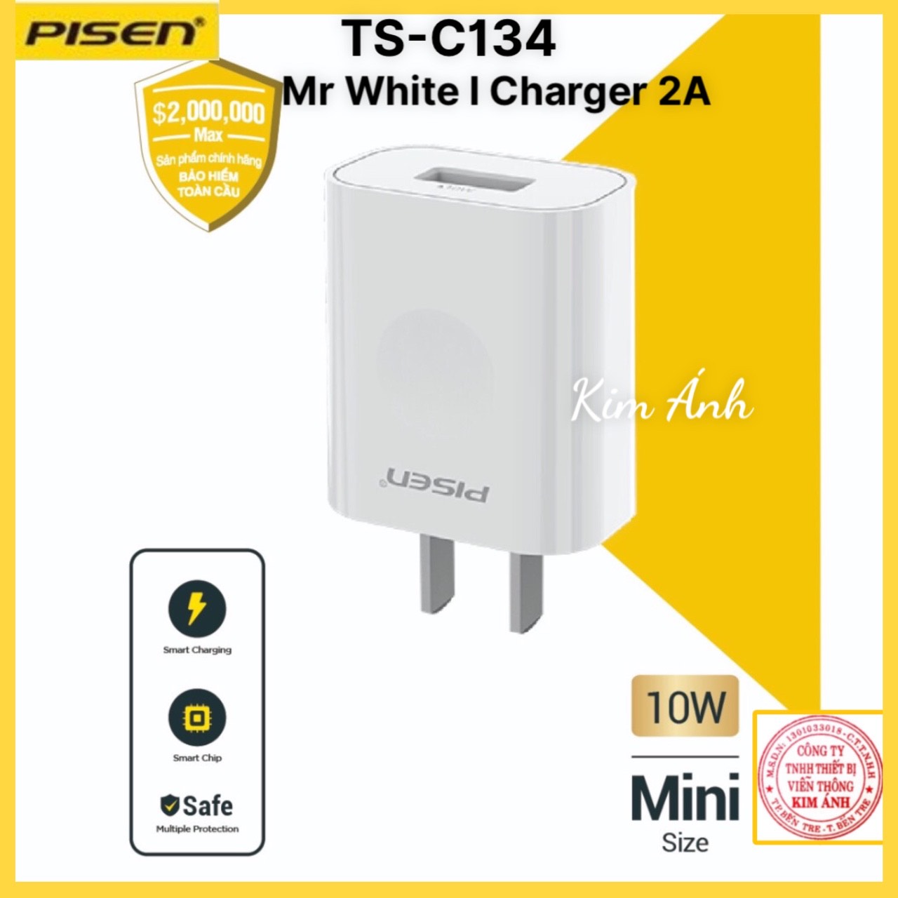 Cóc sạc Pisen Mr White I Charger 2A ( TS-C134), dòng điện 5V -2A, công suất 10W bảo hành chính hãng 12 tháng