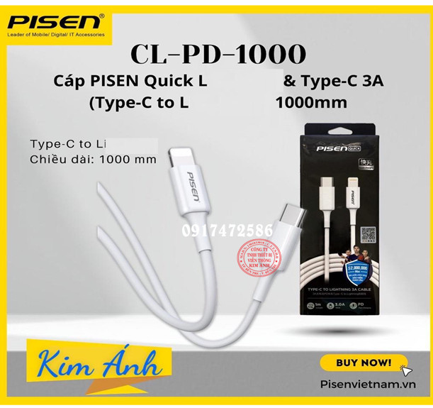 Dây sạc nhanh Pisen Quick L & Type-C 3A (Type-C to L ) 1000mm - (CL-PD-1000),  Hàng Chính Hãng