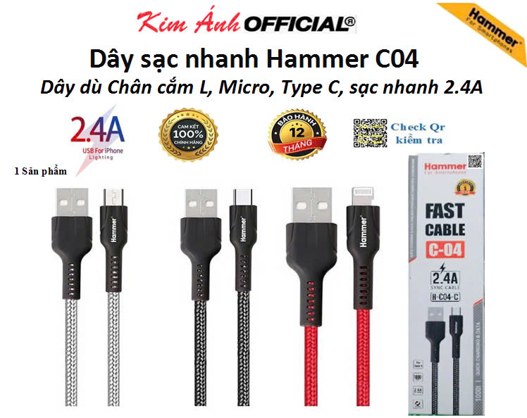 Dây sạc nhanh Hammer C04 các loại chân cắm Linghtning, Micro, Type C, dòng điện 5v-2.4A, dây dù sạc nhanh chính hãng, check Qr