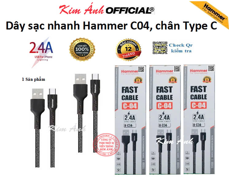 Dây sạc nhanh Hammer C04 các loại chân cắm Linghtning, Micro, Type C, dòng điện 5v-2.4A, dây dù sạc nhanh chính hãng, check Qr