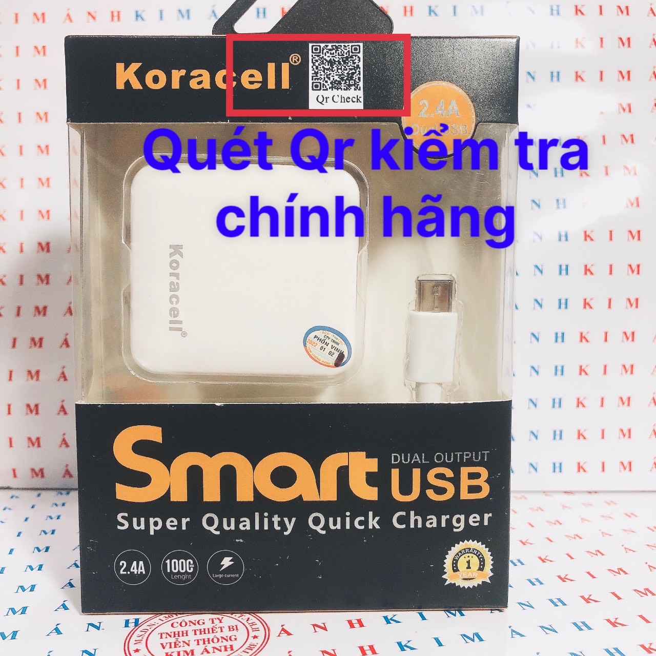 Bộ Sạc nhanh Koracell 2.4A chân Micro (2 cổng USB), check Qr kiểm tra hàng chính hãng, bảo hành 12 tháng