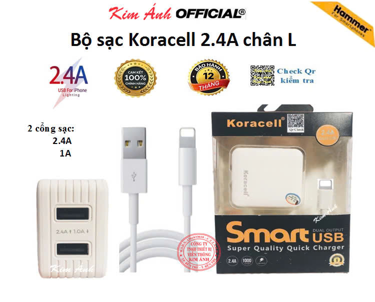 Bộ Sạc nhanh Koracell 2.4A chân L (2 cổng USB), check Qr kiểm tra hàng chính hãng, bảo hành 12 tháng