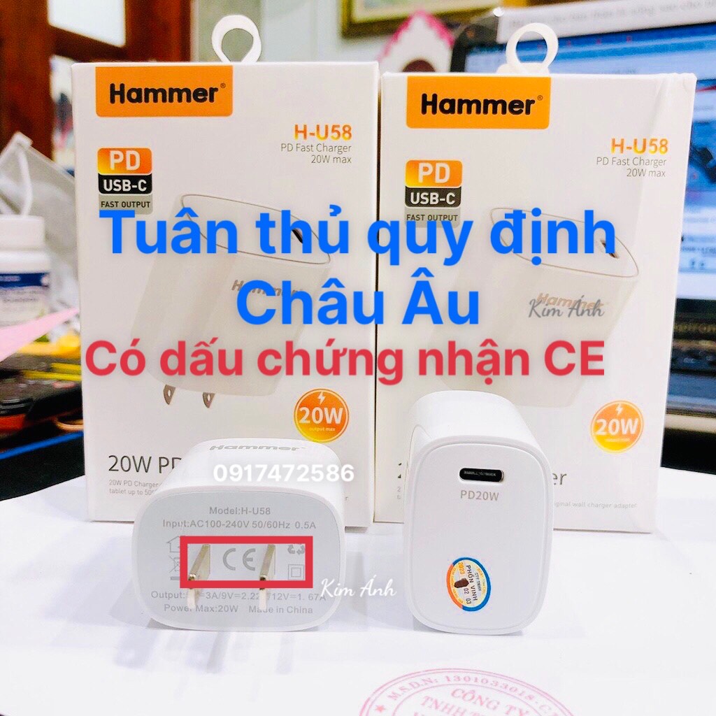 Củ sạcHammer H-U58 sạc nhanh PD 20W, đạt chứng nhận tiêu chuẩn CE, Check Qr kiểm tra hàng chính hãng bảo hành 12 tháng