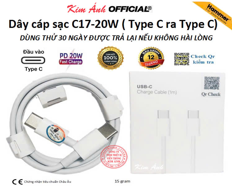 Dây sạc nhanh Hammer PD 20W (C17) chân cắm Type C ra Type C, sạc rất nhanh vào pin, Kim Ánh bảo hành chính hãng 1 năm
