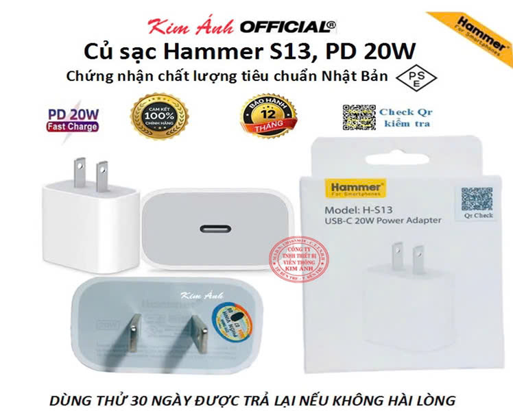 Củ sạc nhanh Hammer S13 PD 20W , đạt tiêu chuẩn chất lượng Nhật PSE, check Qr kiểm tra chính hãng, bảo hành 1 năm