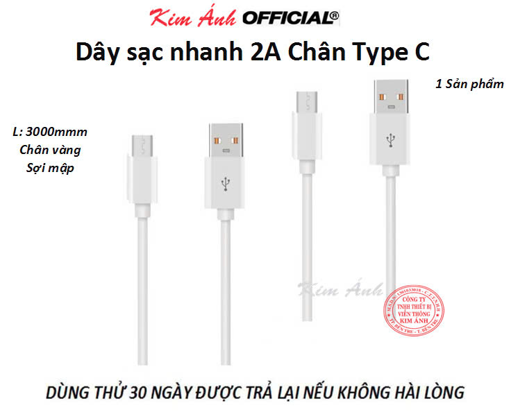 Dây sạc 3 mét dòng điện 2A chân cắm Type C, chân tiếp xúc đồng sạc rất nhanh vào pin, Kim Ánh bảo hành 1 năm