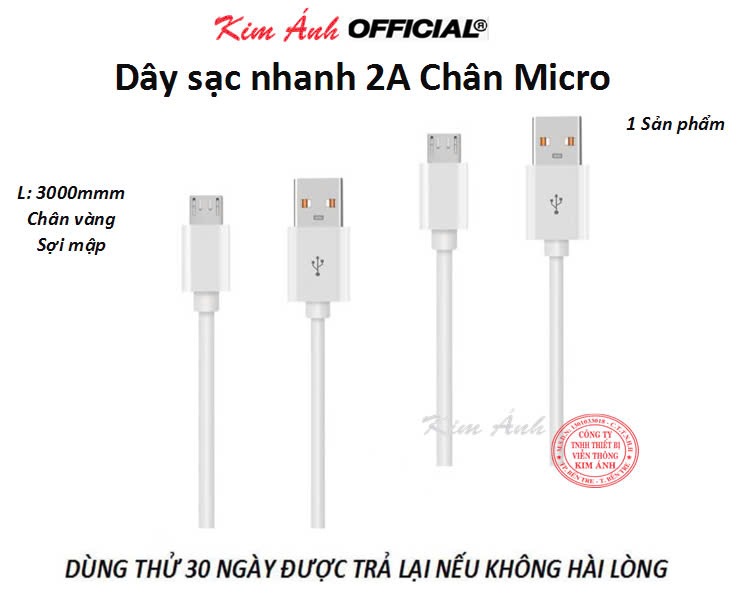 Dây sạc 3 mét dòng điện 2A chân cắm Micro, chân tiếp xúc đồng sạc rất nhanh vào pin, Kim Ánh bảo hành 12 tháng
