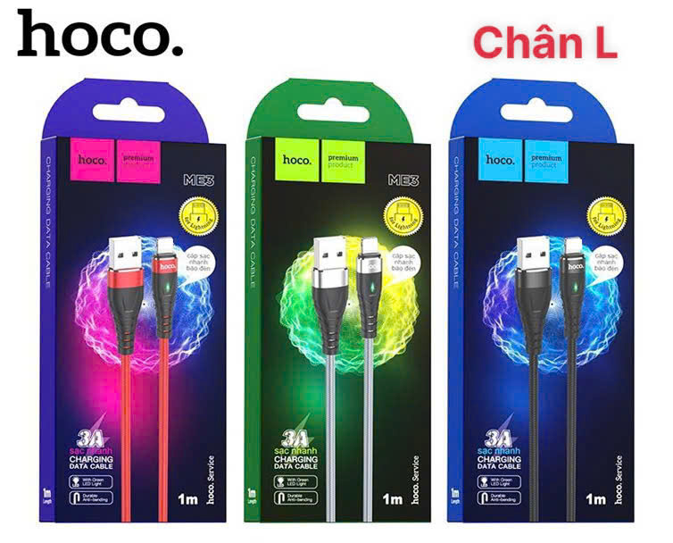 Dây sạc nhanh 3A báo đèn Hoco ME3 chân L cho dùng thử 30 ngày, bảo hành chính hãng 12 tháng