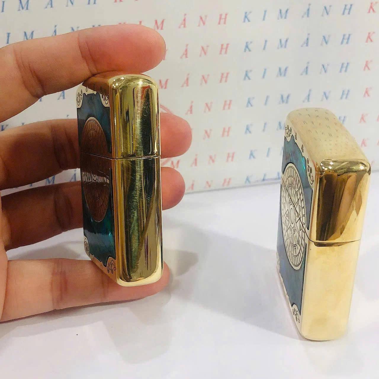 Bật lửa Zippo Chu Niên Brass, khắc chìm cẩn xà cừ mẫu la bàn, vỏ đồng ruột thép không gỉ