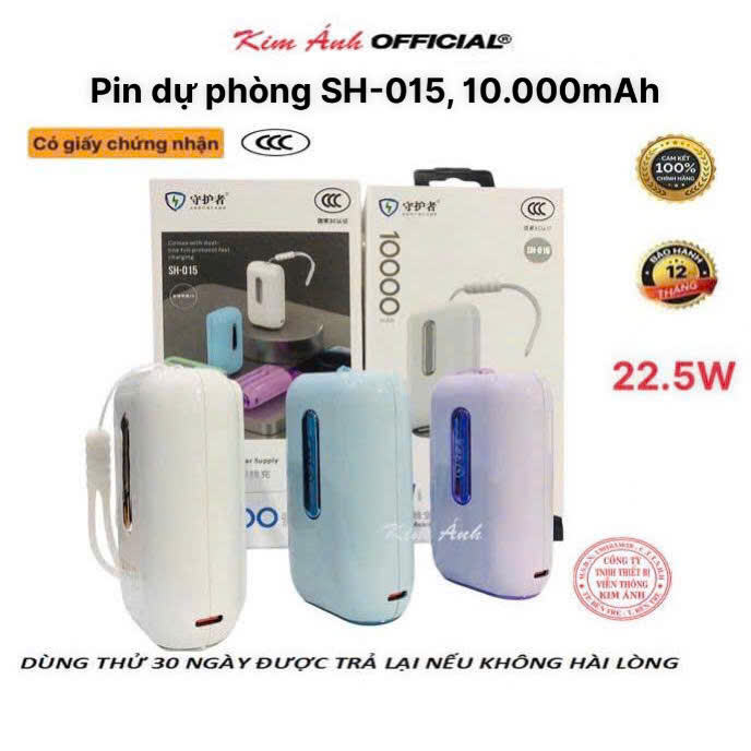 Pin sạc dự phòng SH-015 công suất 22.5W sạc siêu nhanh, dung lượng 10000mAh sạc nhanh hai chiều, có tiêu chuẩn 3C