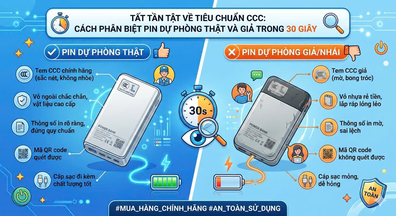 TẤT TẦN TẬT VỀ TIÊU CHUẨN CCC: CÁCH PHÂN BIỆT PIN DỰ PHÒNG THẬT VÀ GIẢ TRONG 30 GIÂY