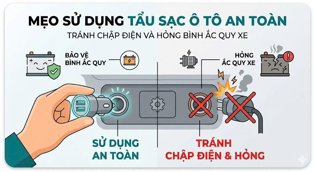 Mẹo sử dụng tẩu sạc ô tô an toàn: Tránh gây chập điện và hỏng bình ắc quy xe