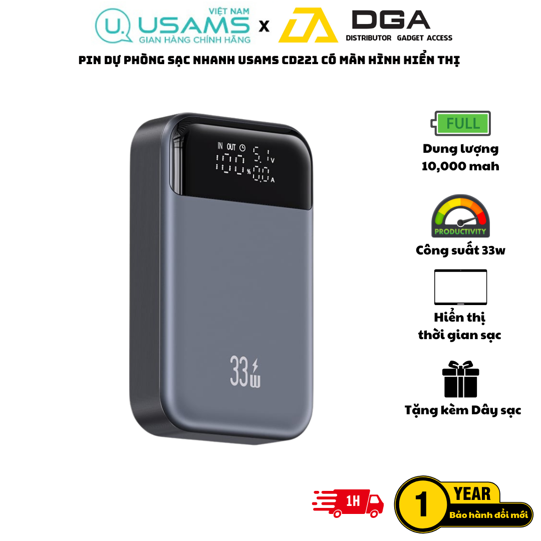 Pin Dự Phòng sạc nhanh USAMS CD221 PB74 10000mAh 33W có màn hình hiển thị dùng cho điện thoại iPhone, Samsung, Xiaomi
