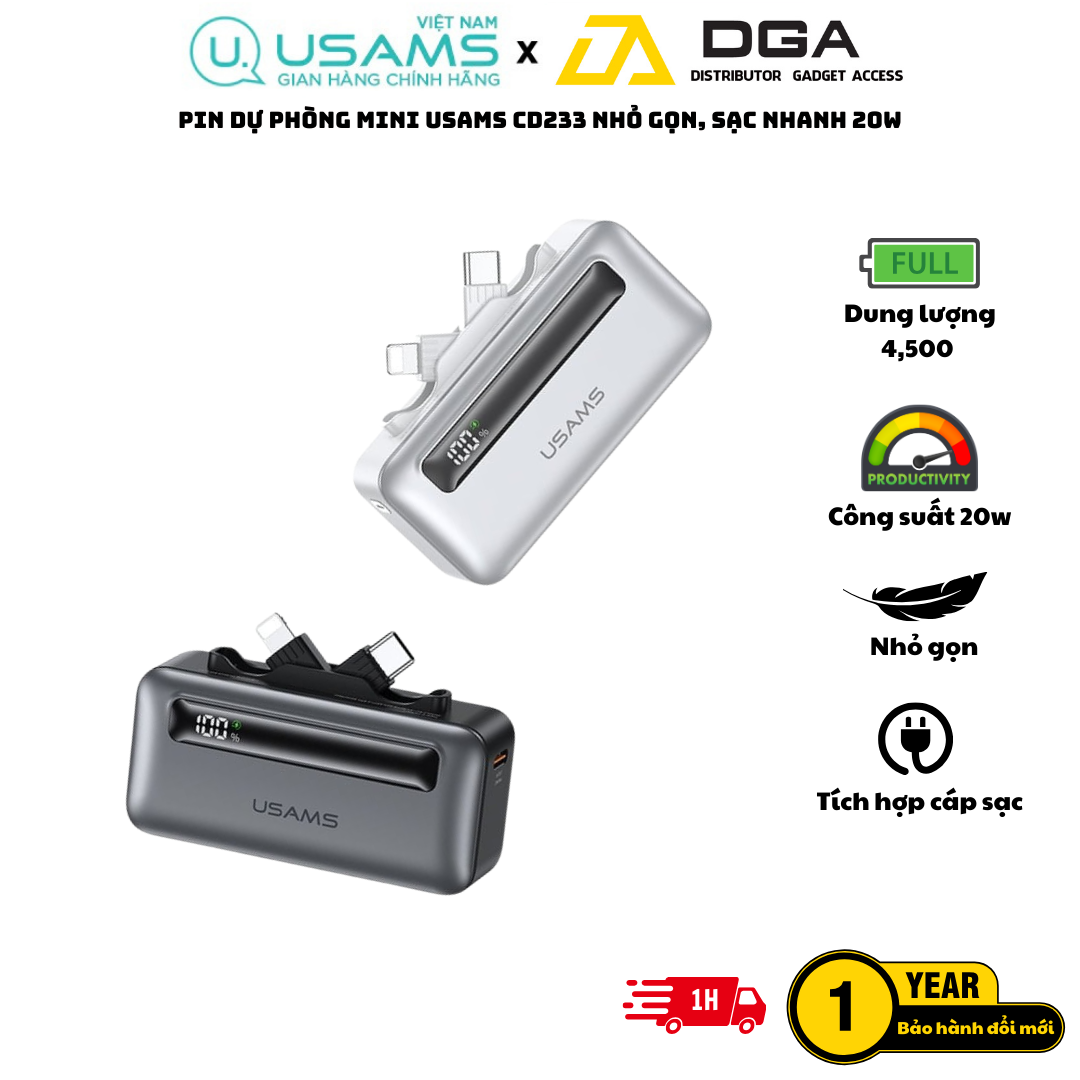 Pin Dự Phòng Mini USAMS CD233 nhỏ gọn, sạc nhanh 20W, tích hợp cáp sạc Type-C+Lightning có màn hình hiển thị pin dùng cho điện thoại iPhone, Samsung, Xiaomi